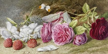 Mary Elizabeth Duffield (British, 1819-1914), still life with roses, strawberries, and a butterfly