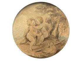 After Sir Joshua Reynolds, two infant shepherds in an embrace, in a wooded landscape with a lamb,
