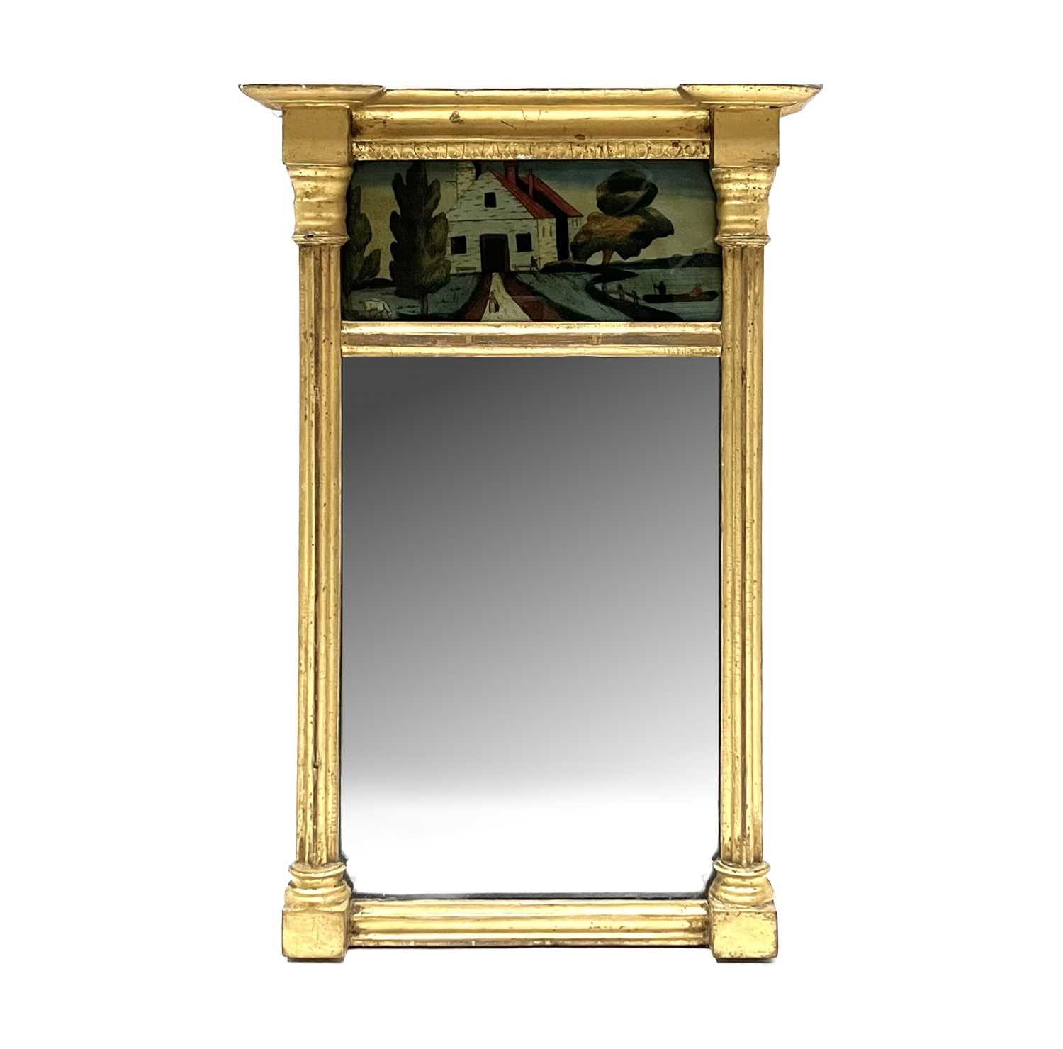 A Regency giltwood pier glass of small proportions, circa 1820, projecting cornice, the frieze