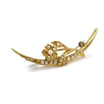 A gold and split-pearl brooch, in the form of a crescent and flower, 4.5cm long, 3.7g