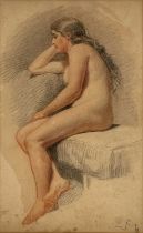 Follower of Evelyn De Morgan, a female nude, seated in profile, indistinctly signed l.r., pencil and