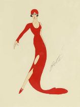 Style of Erte, a fashionable lady, full-length in a red dress, bears signature c.r., gouache and