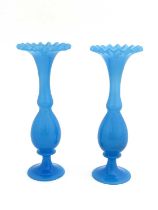 A pair of French blue opaline glass vases, probably Baccarat, circa 1860s, pedestal double gourd