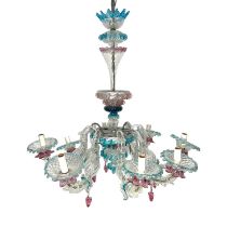 A Murano Italian glass chandelier, circa 1950s, eight branches, optic moulded with applied blue