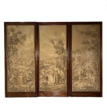 A mahogany framed triple panel room divider screen, early 20th Century, each panel inset with an