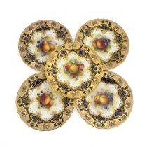 Albert Shuck for Royal Worcester, a set of of five fruit painted dessert plates, circular form,