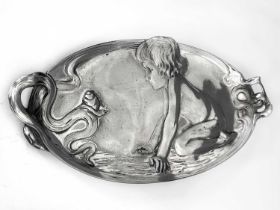 WMF, a Jugendstil silver plated card tray, model 210, twin handled oval form relief moulded with a
