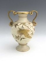 A Wedgwood Aesthetic Movement twin handled vase, footed inverse baluster form, cream ground