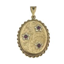 A 9ct gold and ruby locket pendant, oval form, set with pink stone centred flowers, within ropetwist