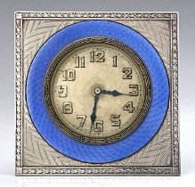 An Art Deco silver and enamelled clock, Turner and Simpson, Birmingham 1928, square section,