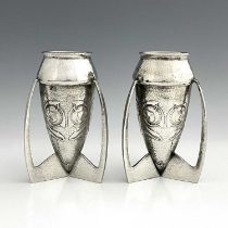 Archibald Knox for Liberty and Co., a pair of Arts and Crafts Tudric pewter bomb vases, 0226,