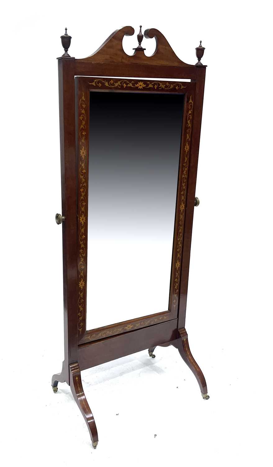 An Edwardian mahogany cheval dressing mirror, circa 1910, swan neck pediment, urn finials, floral - Image 2 of 2