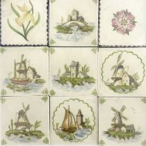A set of five Pilkingtons tiles, painted with Dutch Windmills and houses, one pencil marked '