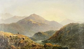 Alfred de Breanski (British, 1852-1928), A Highland Loch landscape with a shepherd watching his