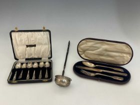 A Victorian silver three-piece Christening set, comprising knife, fork, and spoon, ensuite with a