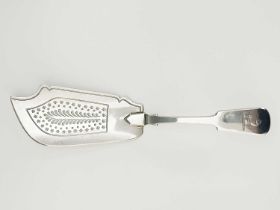 A George III silver fiddle pattern fish slice, the terminal with armorial crest of A Greyhound's