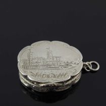 A Victorian silver castle top vinaigrette, of lobed oval form, with an engraved scene of Osborne