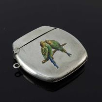 An Edwardian silver and enamel vesta case, of rounded rectangular form, the body decorated with