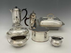 A group of plated wares to include, two entree dishes, coffee/chocolate pot, three-piece tea set,