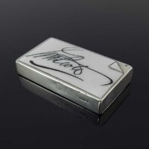 A Victorian silver calling card vesta case, of rectangular form with applied enamel plaque of a