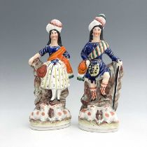 A pair of Staffordshire shepherd and shepherdess figures in Scottish Highland dress, circa 1850,