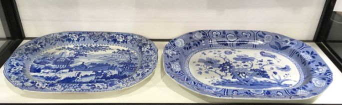 A 19th Century Spode octagonal blue and white meat platter with floral branch design, and another