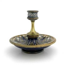 Frank Butler for Doulton Lambeth, a stoneware and gilt brass candlestick, 1886, sgraffito