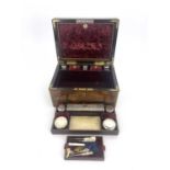 A William IV rosewood and gilt brass strung travelling vanity box, the tooled gilt Moroccan