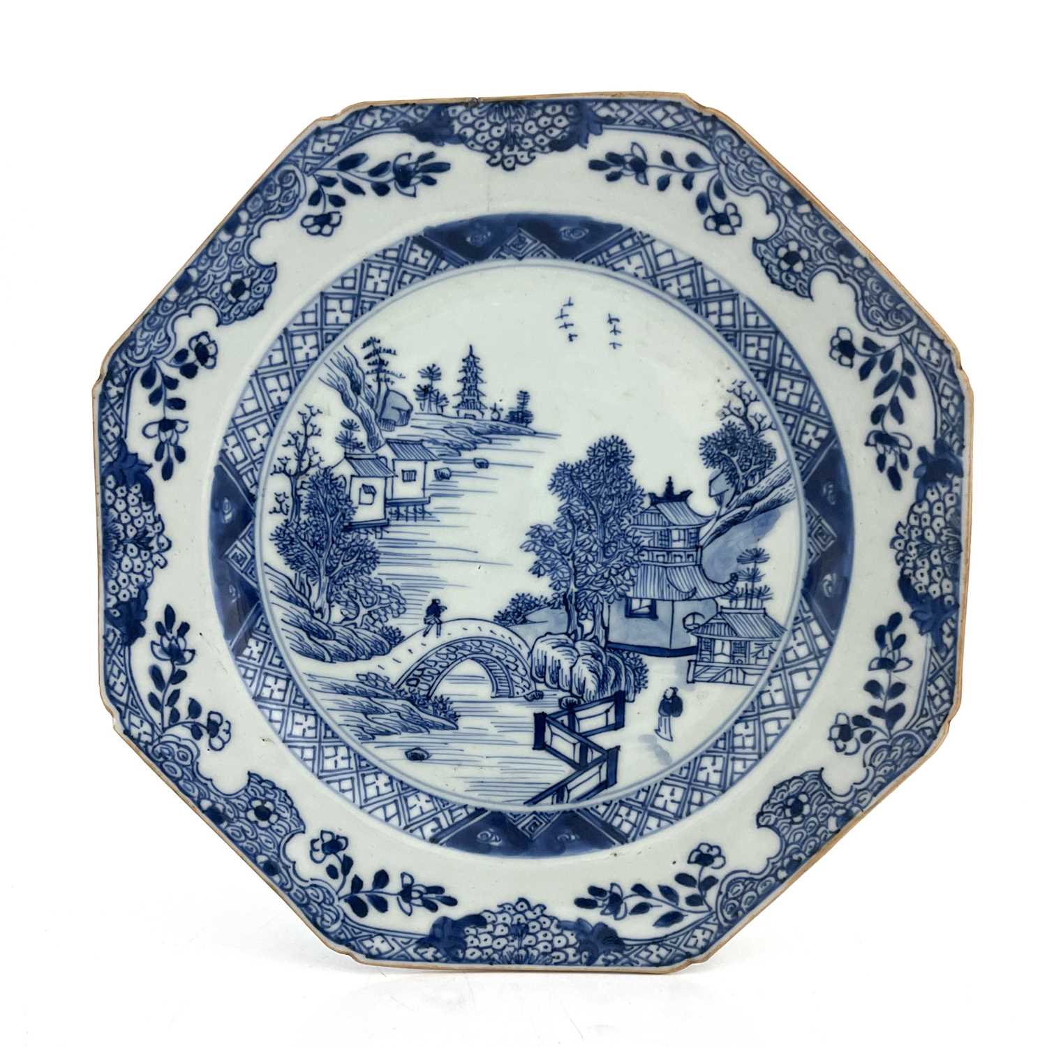 A Chinese export blue and white porcelain plate, circa 1760, octagonal form painted in the man on - Image 2 of 4