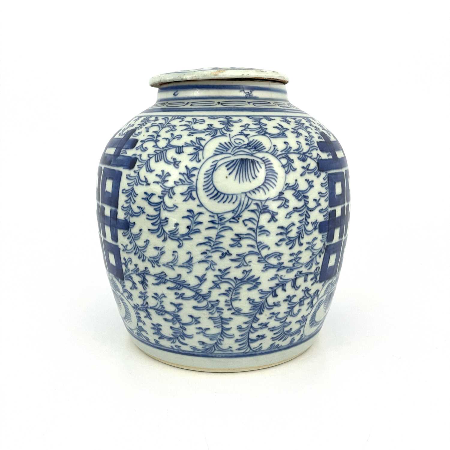 A Chinese blue and white 'marriage' ginger jar and ceramic cover, Qing Dynasty, painted characters - Image 3 of 5