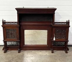 A late Victorian mahogany chiffonier top, featuring a mirror, flanked by two cabinets W: 157 cm D: