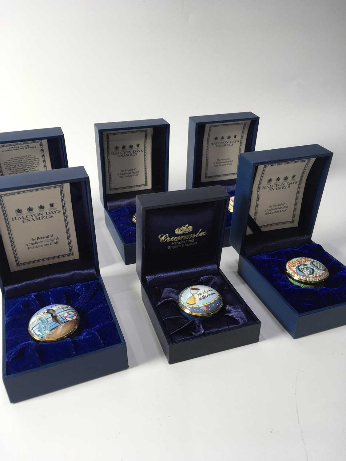 Six Halcyon Days enamelled pill boxes, circular form, including St Edward's Crown, 2000, The Year to - Image 2 of 3