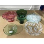 A Victorian cranberry glass bowl, six Terence Conran Chance glass side plates and three Scandinavian