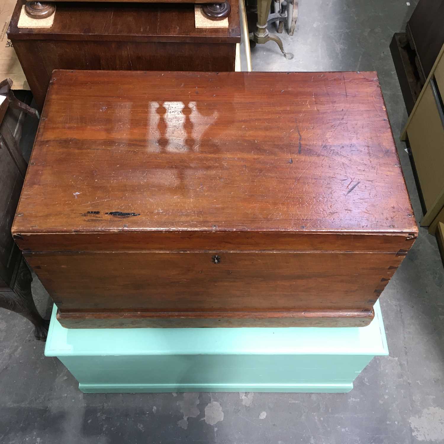 a pair of chests/blanket boxes, one painted mint green W: 79 cm D: 48.5 cm H: 44 cm, and W: 90 cm D: - Image 2 of 4