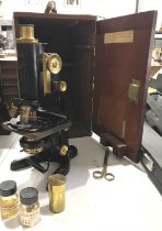 W Watson & Sons Ltd, 'Service Microscope, with additional aperture etc, in mahogany case, 38cm