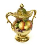 A Coalport fruit painted and gilt twin-handled potpourri jar and cover, signed N. Lear, 14cm high