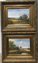 20th Century School, a pair of pastoral landscapes with harvesters, oil on board, 30 by 40cm, gilt