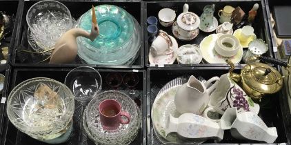 Four trays of ceramics and glass including Foley floral cup and saucer, Wedgwood, Royal Winton etc