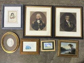 Seven furnishing pictures, including portrait prints of Horatian Nelson and the Duke of