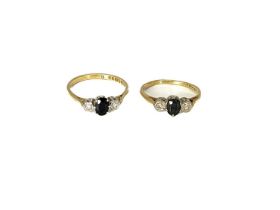 Two 18ct gold sapphire and diamond three-stone rings