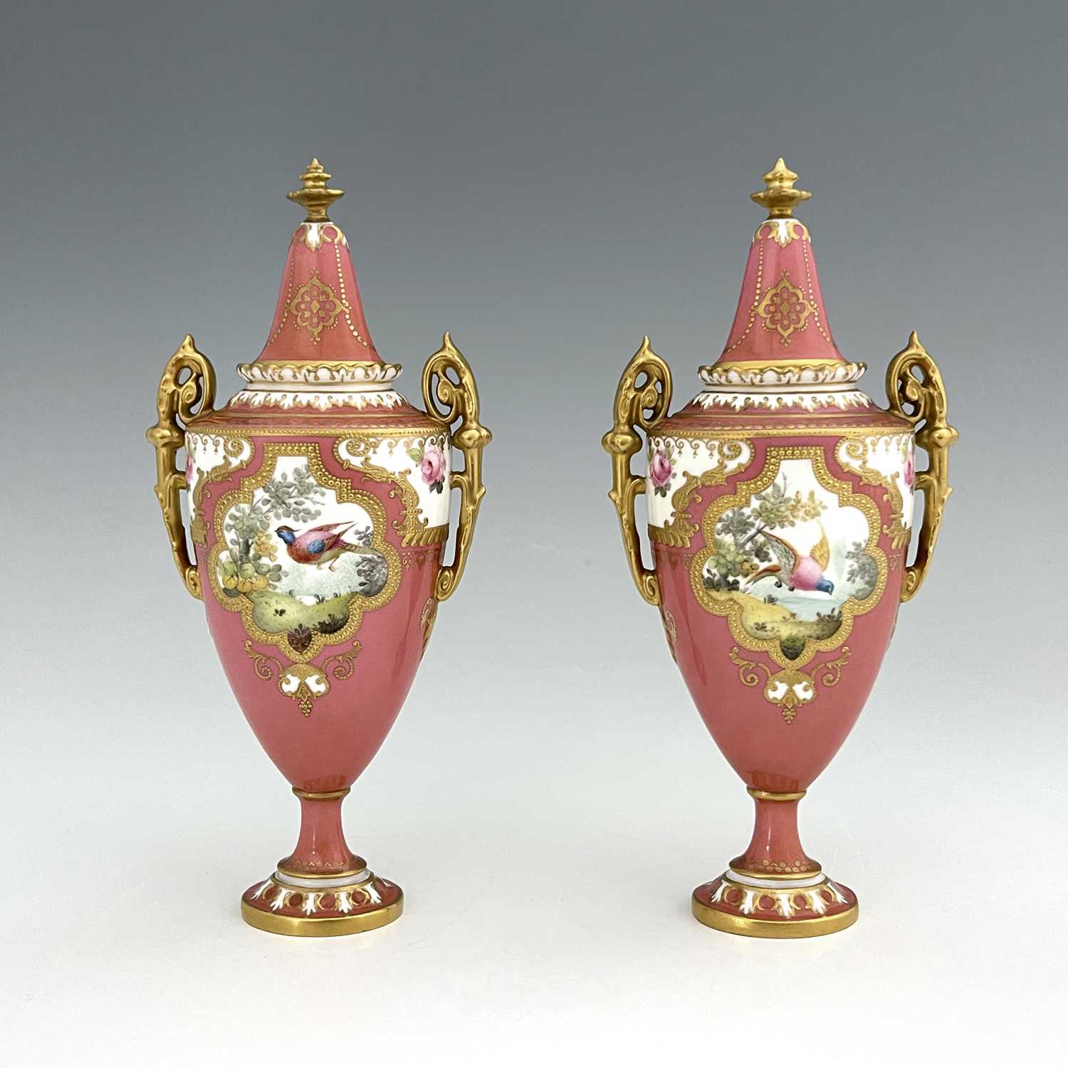 A pair of Royal Crown Derby exotic bird painted vases and covers, 1909, twin handled pedestal urn