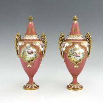 A pair of Royal Crown Derby exotic bird painted vases and covers, 1909, twin handled pedestal urn