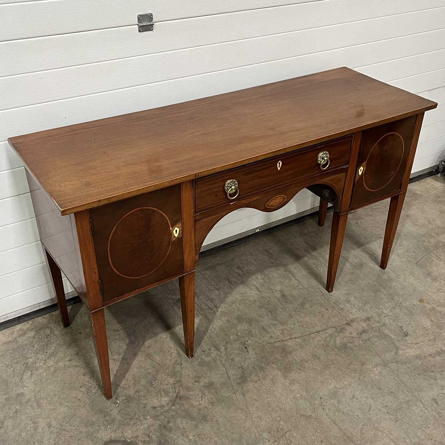 A sideboard, fitted single drawer width ring-pull handles, over serpentine marquetry inlaid front, - Image 2 of 2