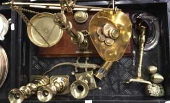 Metalware including Bartlett & Sons brass pan scales and weights, variuos candlesticks, ornaments