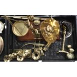 Metalware including Bartlett & Sons brass pan scales and weights, variuos candlesticks, ornaments