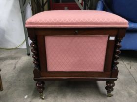 A Victorian mahogany piano stool, box form with upholstered top, fabric panels flanked by barley