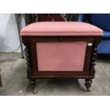 A Victorian mahogany piano stool, box form with upholstered top, fabric panels flanked by barley