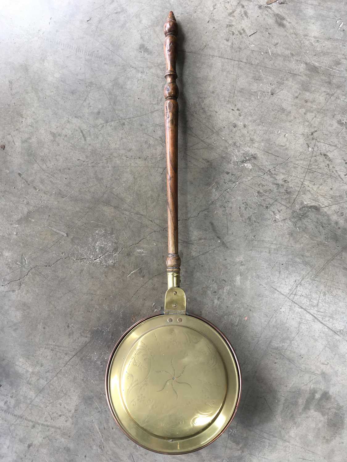 A copper and brass bed warmer ~ 105 cm long