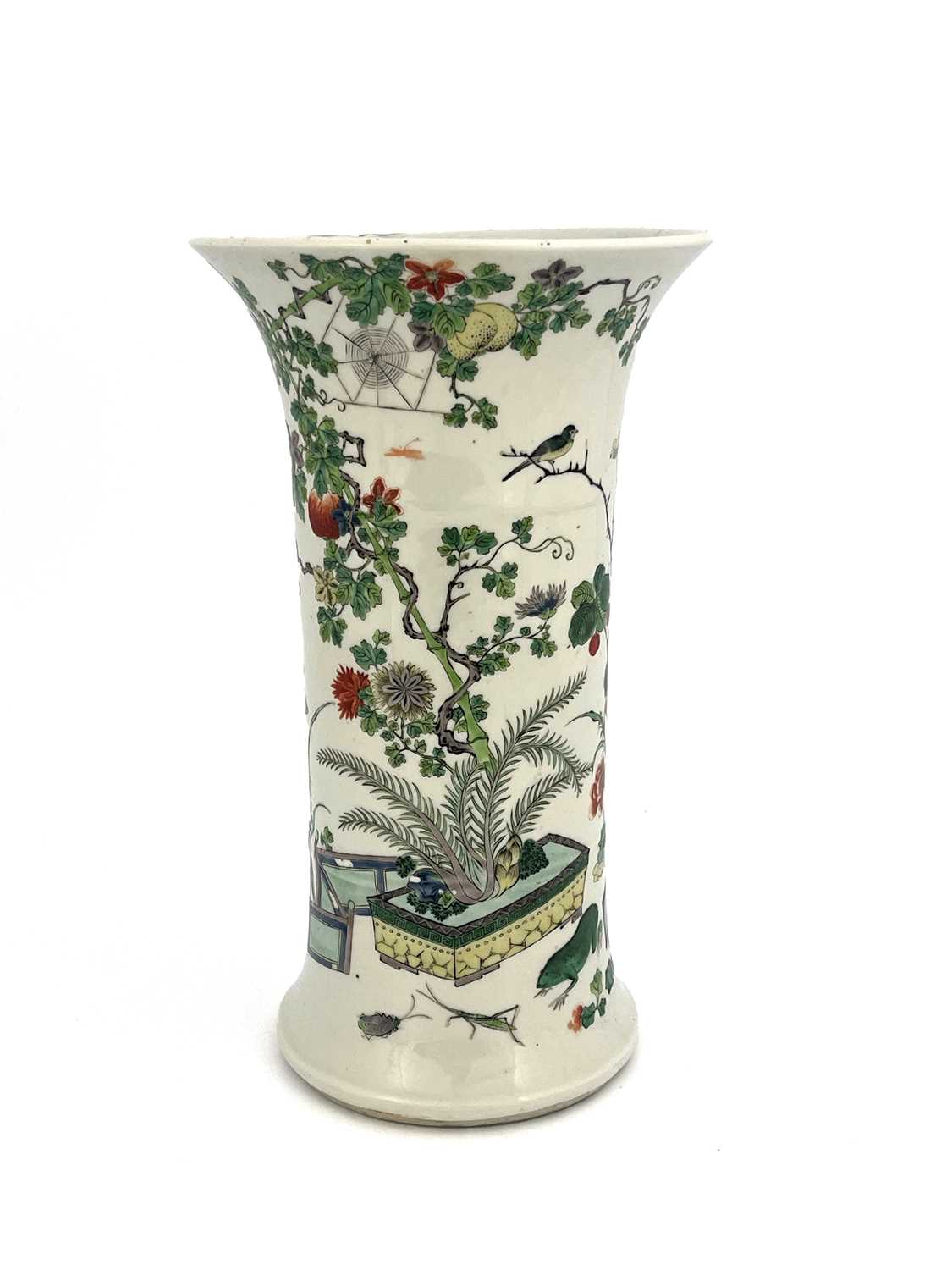 A Chinese famille verte vase, Qing dynasty, Kangxi mark and possibly of the period, Gu form