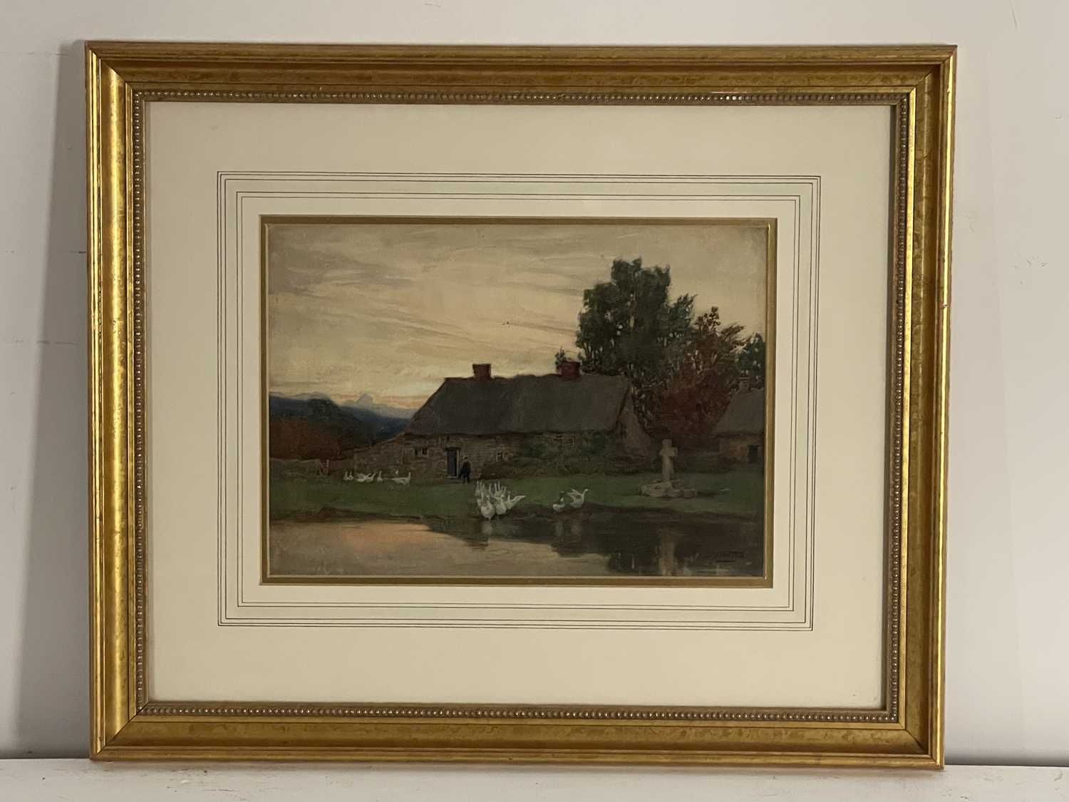 Louisa Margaret Watts (British, fl.1880-1914), 'Cottage by a Pond', signed l.r., titled verso, - Image 3 of 3